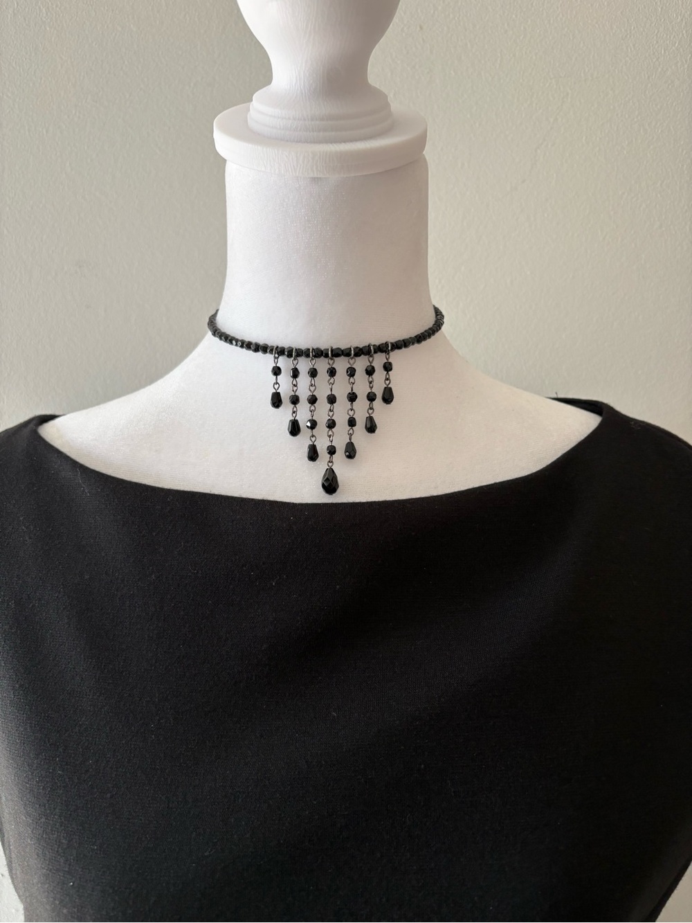 Vintage Gothic Black Beaded Cascade Choker Necklace 90’s